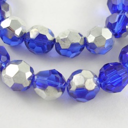 Бусины 8 мм стеклянные, граненые, круглые, с половинным серебрянным покрытием, синие, отв. 1 мм