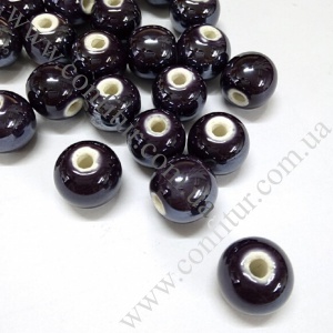 Бусины 12 мм Фарфор ручная работа перламутровые круглые черные, отв. 2 мм