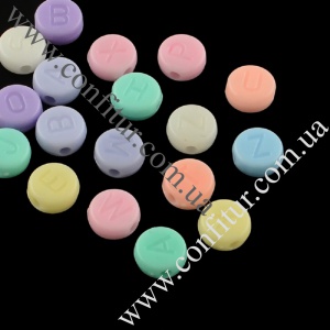 Бусины 6,5*3 мм Акриловые буквами непрозрачные плоско-круглые разноцветные, отв. 1 мм