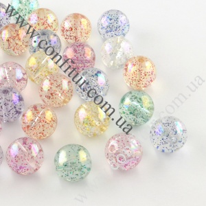 Бусины 10 мм Акрил с АВ покрытием с глиттером прозрачные круглые разноцветные отв. 2 мм
