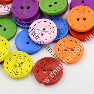 Пуговицы 30*4,5 деревянные плоско-круглые окрашенные с бантом разноцветные 2 отверстия 3 мм