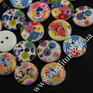 Пуговицы 20*4,5 мм Дерево плоско-круглые с различным принтом разноцветные 2 отверстия 1,5 мм