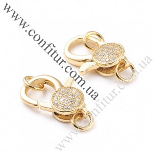 Застежка 20*13*5 мм Латунь с кубичиским цирконием и позолотой 18К карабин-лобстер, отв. 4 мм