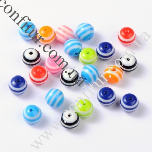 Бусины 10 мм Смола непрозрачные с полосатым рисунком круглые микс цветов, отв. 2 мм