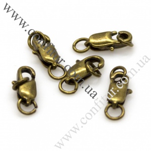 Застежка-карабин 10,5*5 мм Латунный лобстер с кольцами 4*0,8 мм античная бронза, отв 1,5 мм