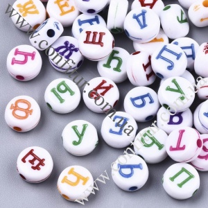Бусины 7*4 мм Акрил микс русские буквы плоско-круглые разноцветные, отв. 1,5 мм