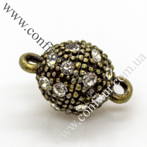 Замок 16*10 мм Сплав бижутерный магнитный со стразами круглый античная бронза, отв: 1,5 мм
